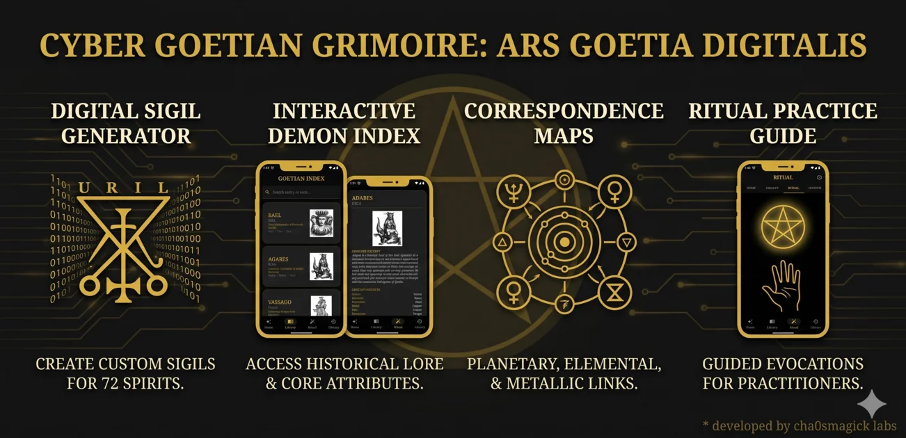Goetic magic sigil circle with 72 spirits of Solomon
