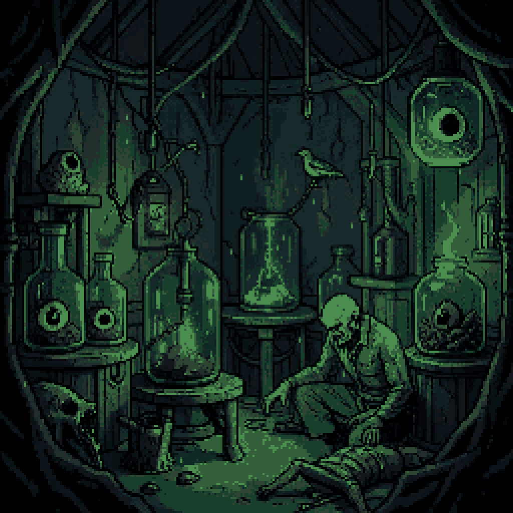Jars, diagrams and a body that should not be breathing. Necromancer's Laboratory is dark fantasy art for grimdark RPGs and occult horror. Save it, then open Arcana Goetia: 72 spirits, seals and ritual references. #DarkFantasy #Necromancer #Goetia